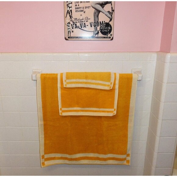 Vintage Fabindia Golden Yellow & White Reversable Bath Towel Set of 3 mcm retro - Picture 1 of 13